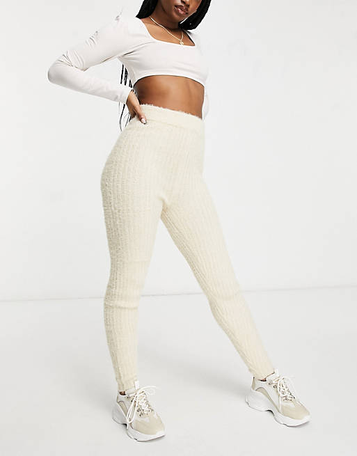 Missguided loungewear co-ord fluffy ribbed legging in stone | ASOS