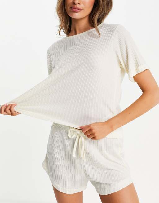 Missguided loungewear ribbed oversized t shirt and short set in ecru