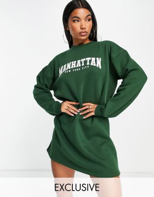 Missguided Manhattan graphic sweater midi dress in green - ASOS Price Checker