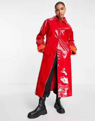 Missguided vinyl formal coat with faux fur cuff in red - ASOS Price Checker
