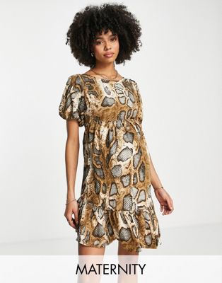 Missguided Maternity puff sleeve smock mini dress in brown - ASOS Price Checker