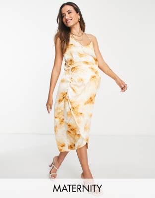 Missguided Maternity asymmetric satin midi dress in cream tie dye-Multi, £16.50