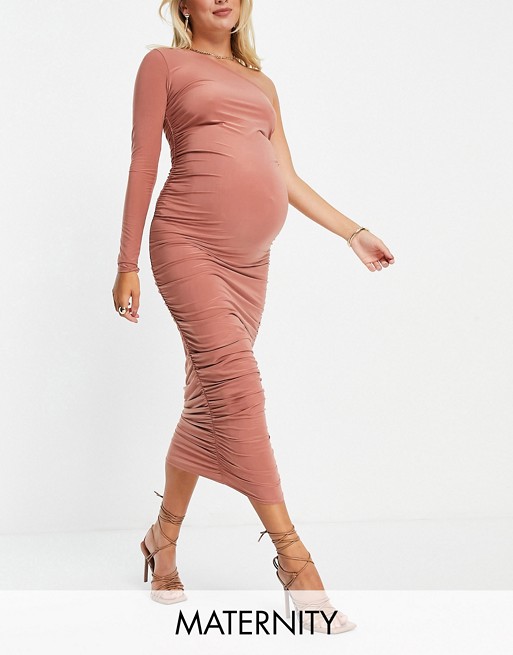 Missguided Maternity one shoulder midi dress with ruched detail in blush