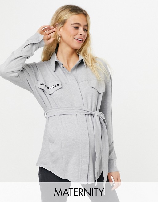 Missguided Maternity belted jersey shirt with embroidery detail in grey