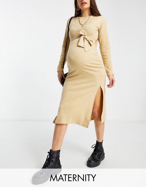 Missguided Maternity belted midaxi dress in taupe