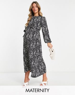 Missguided Maternity belted midi dress with volume sleeves in black floral