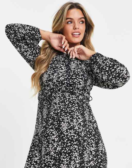 Missguided Maternity belted midi dress with volume sleeves in black floral, 3 of 4