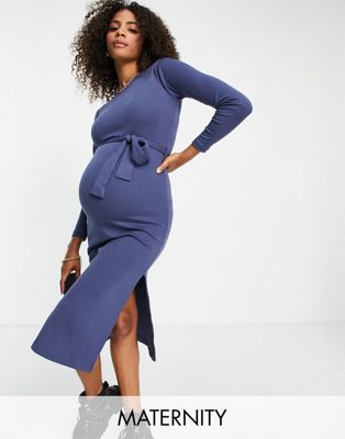 Missguided Maternity belted ribbed midi dress in navy