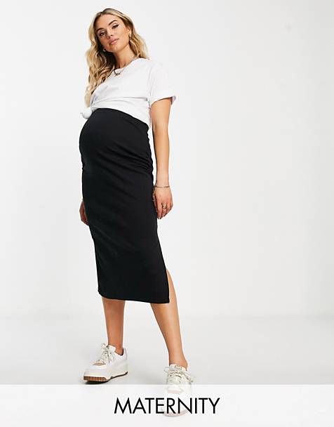 Beachcoco Women’s Maternity Midi Skirt High Waisted Pregnancy Pencil Comfort Stretch Elastic Waist Soft Casual Skirts 