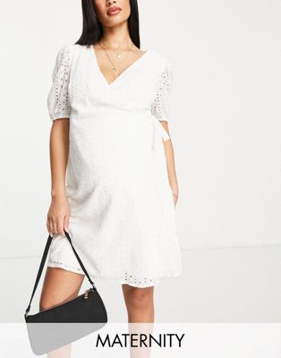 Missguided Maternity broderie puff sleeve wrap dress in white - ASOS Price Checker