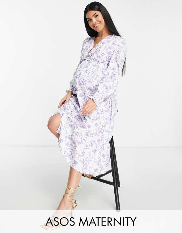 Missguided Maternity button up dress in white floral