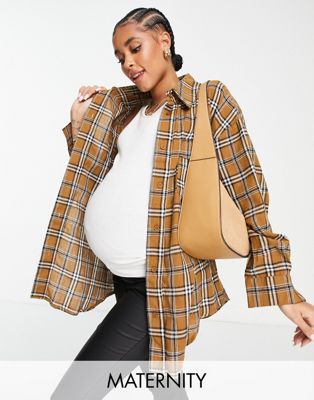 Missguided Maternity check shirt in brown