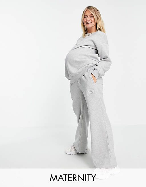 Missguided Maternity co-ord wide leg jogger with embroidered logo in grey marl
