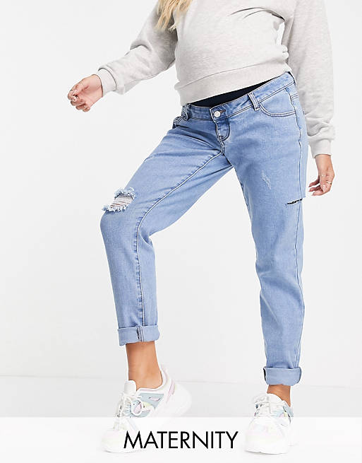 Women Missguided Maternity comfort stretch jeans with thigh rip in mid blue wash 
