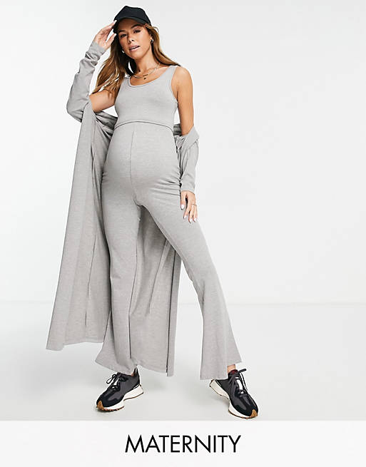 Co-ords Missguided Maternity crop top and wide leg trouser set in grey 