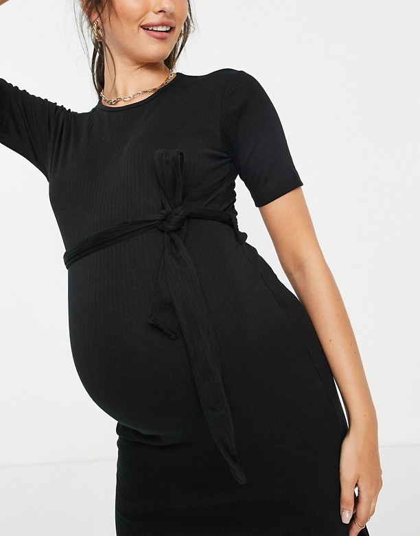 Missguided Maternity – Czarna prążkowana sukienka midi z krÓtkimi rękawami Black Fabryka 