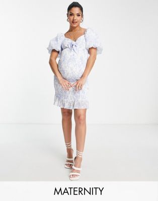Missguided Maternity puff sleeve shirred mini dress in light blue porcelain print