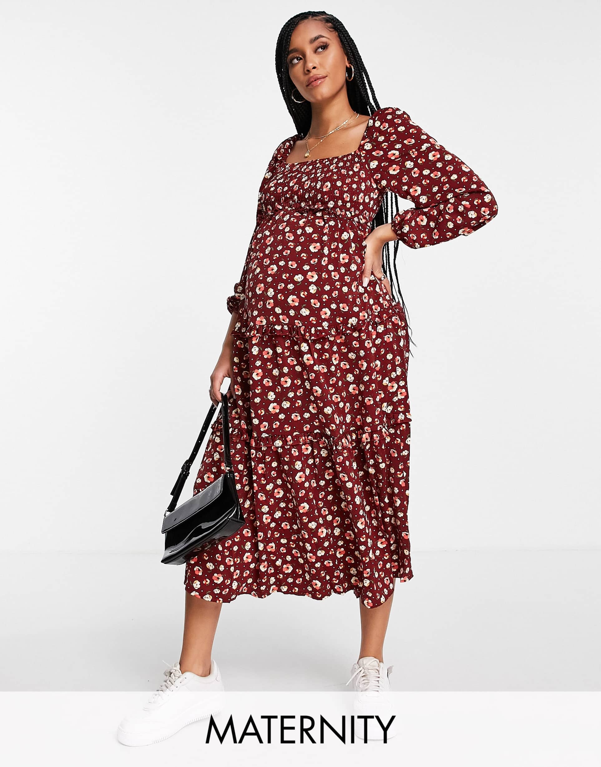 missguided maternity floral tiered midaxi dress in burgundy