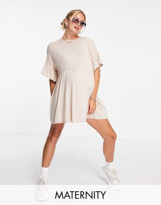 Missguided Maternity Missguided Maternity frill detail smock dress in stone-Yellow