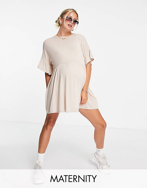 Missguided Maternity frill detail smock dress in stone