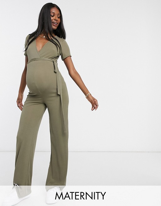 Missguided Maternity jumpsuit with wrap detail in khaki