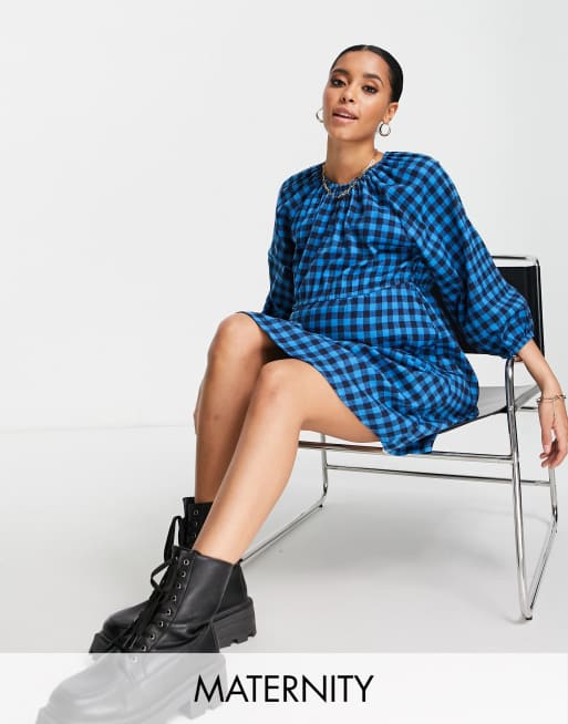 Missguided Maternity - Jurk met pofmouwen en gingham ruit in blauw