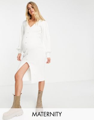 Missguided Maternity knitted midi dress with balloon sleeves in white