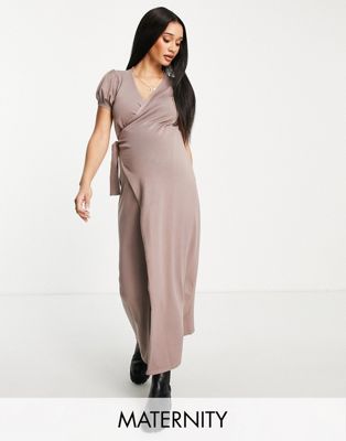 Missguided Maternity knitted wrap dress in mocha