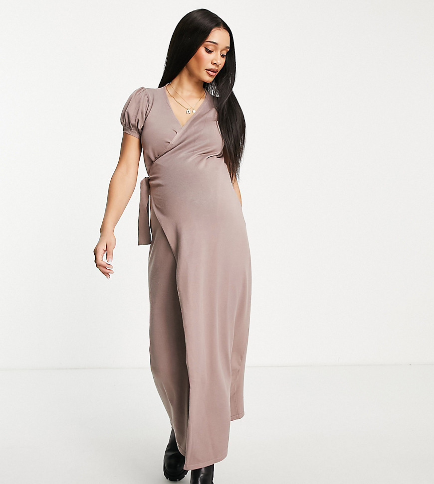 Missguided Maternity knitted wrap dress in mocha-Brown