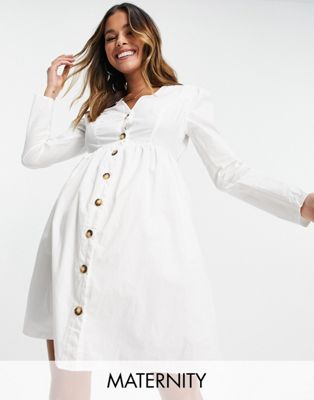 Missguided Maternity long sleeve smock dress with button through detail in white