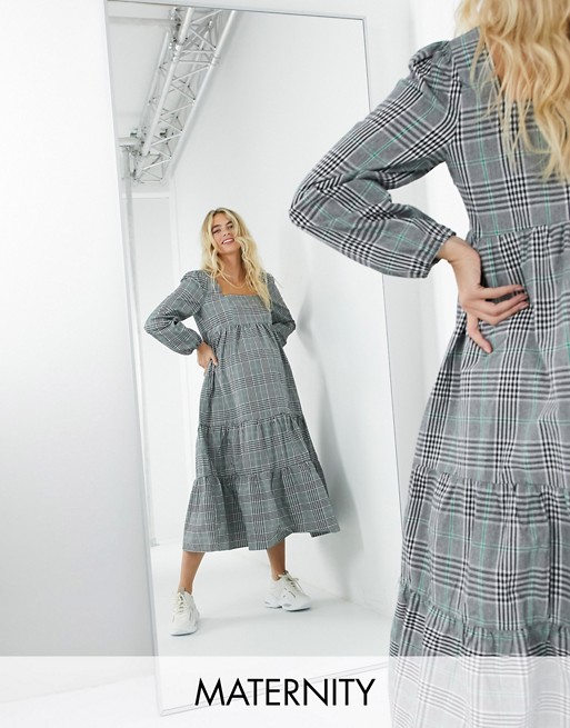 Missguided Maternity maxi smock dress in grey check
