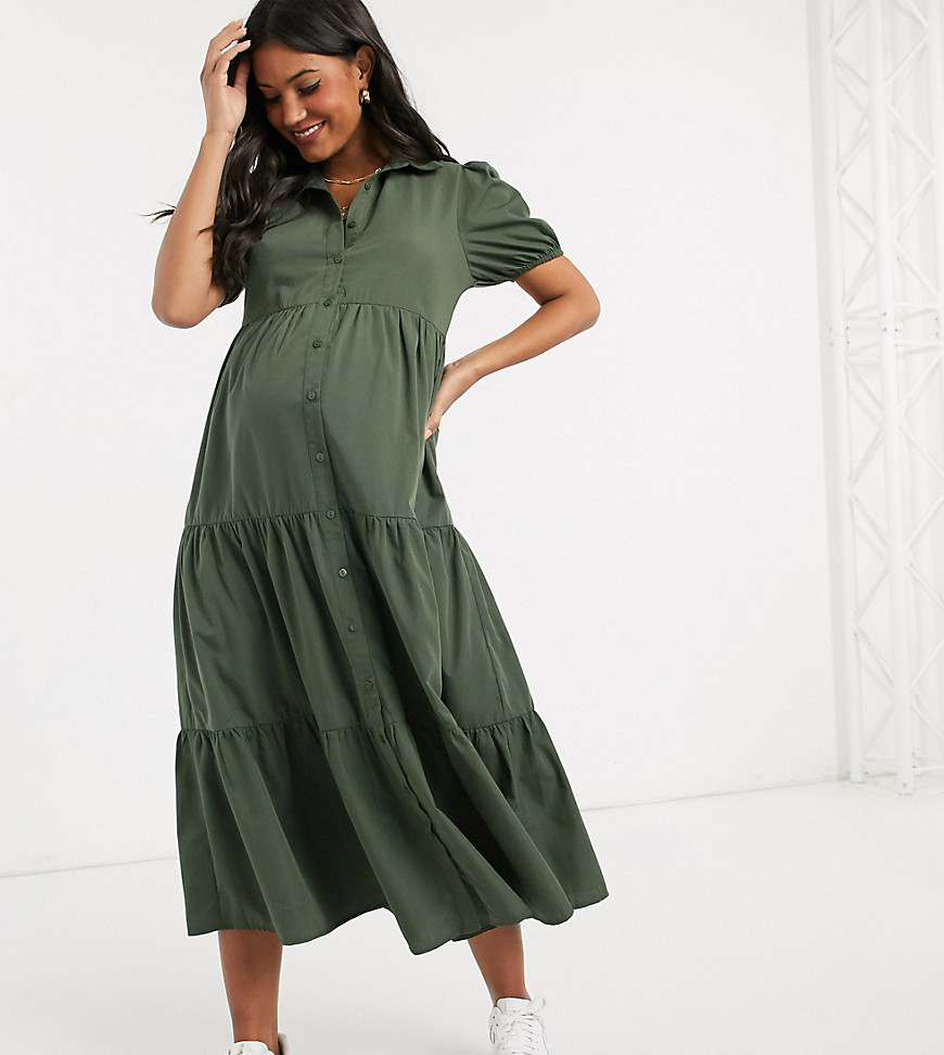 Missguided Maternity maxi smock shirt dress in green