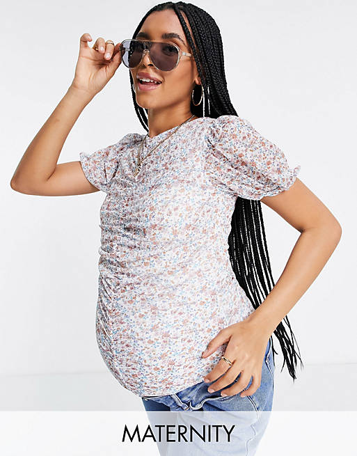 Missguided Maternity mesh puff sleeve top in pink ditsy print