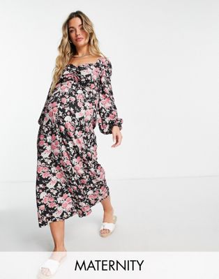 Missguided Maternity midaxi dress with ruched waist in black floral - ASOS Price Checker