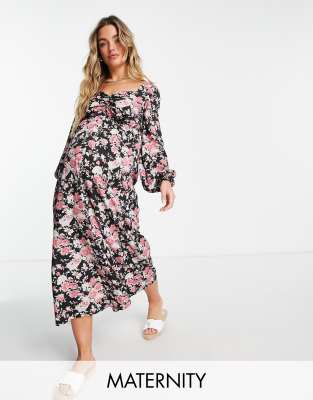 Missguided Maternity Midaxi Dress With Ruched Waist In Black Floral-multi