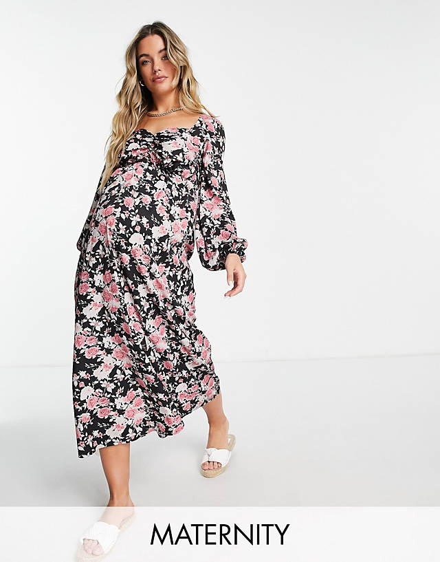 Missguided Maternity - midaxi dress with ruched waist in black floral