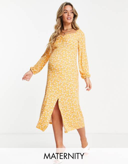 Missguided Maternity - Midaxi-kjole med hjerteformet halsudskæring i gul med blomstermønster