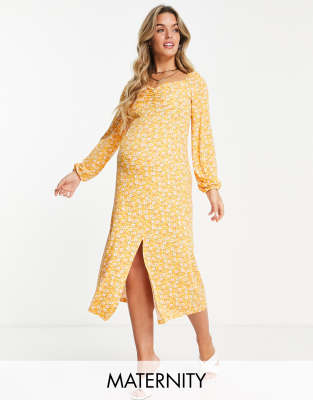 Missguided Maternity - Midaxi-Umstandskleid in Gelb mit Blumenmuster und herzförmigem Ausschnitt