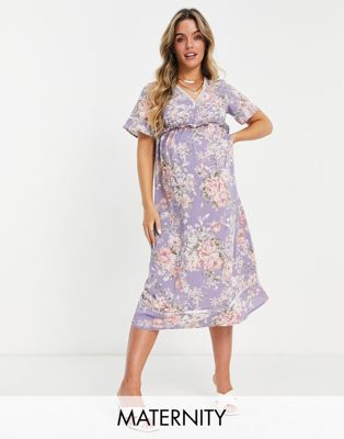 Missguided Maternity midi dress with ruffle waist in lilac floral