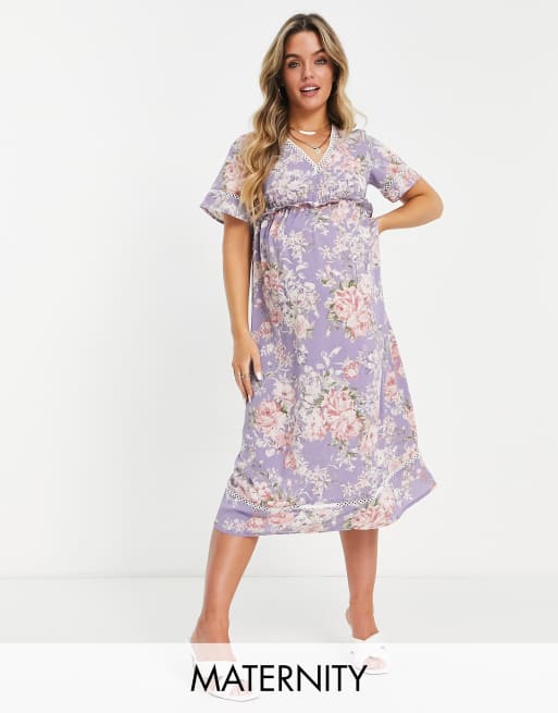 Missguided Maternity - Midi-jurk met ruches in de taille en bloemenprint in lila