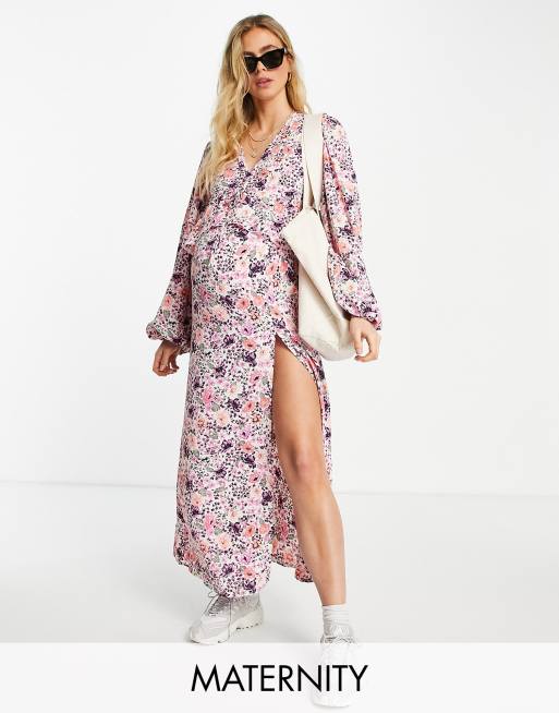 Missguided Maternity midi smock dress with ruffle detail in pink floral