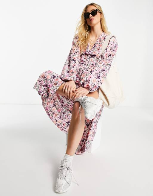 Missguided Maternity midi smock dress with ruffle detail in pink floral, 4 of 4