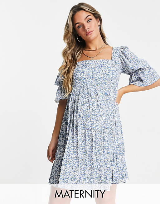 Missguided Maternity mini dress with puff sleeve in blue micro floral ...
