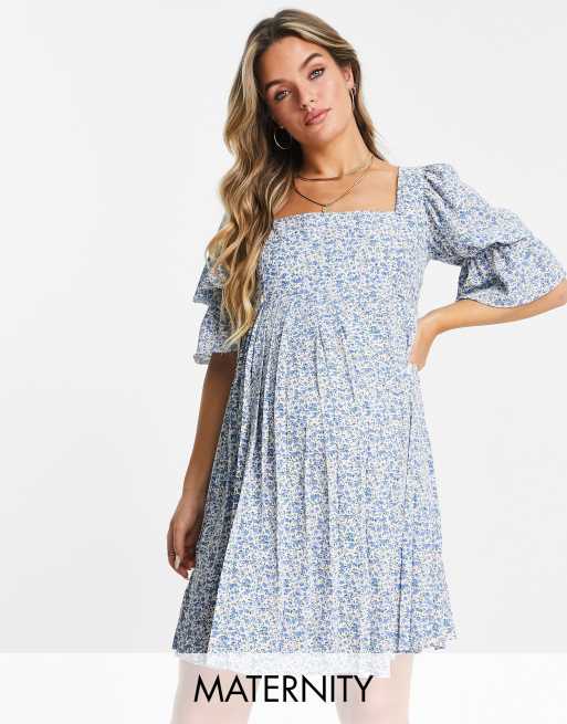 Missguided Maternity - Minikjole med pufærmer og blåt blomstermønster