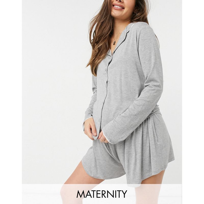 L9VDt Donna Missguided Maternity - Pigiama grigio soffice con pantaloncini e camicia a maniche lunghe