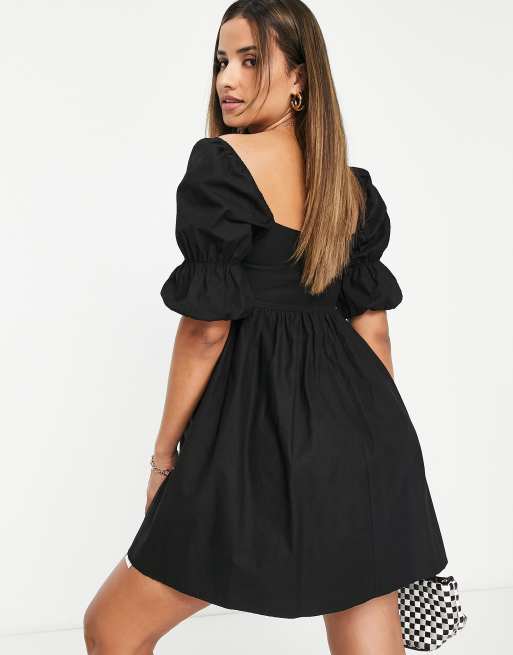 black mini dress missguided Missguided Pleated Skater Long Balloon Sleeve Mini Dress in Black Size 0 V  Neck