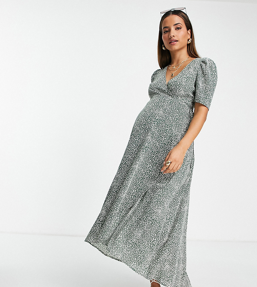 Missguided Maternity printed wrap midi dress with dipped hem in green