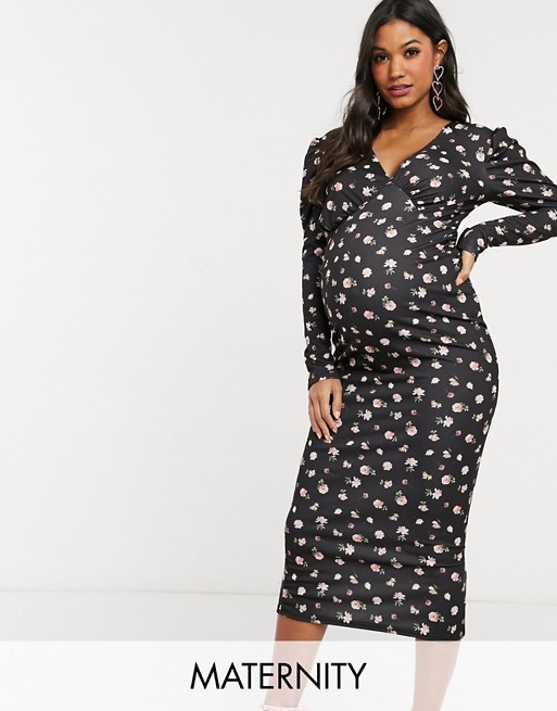 Missguided Maternity puff sleeve midi dress in floral print