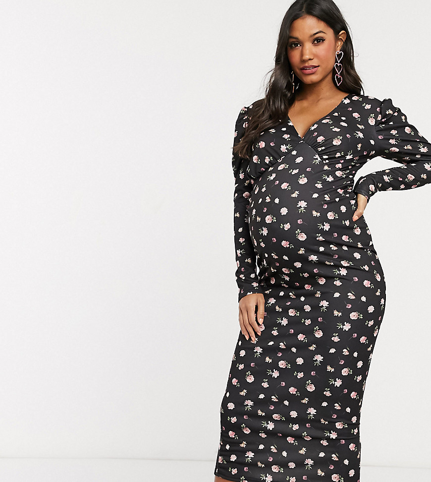 Missguided Maternity puff sleeve midi dress in floral print-Black