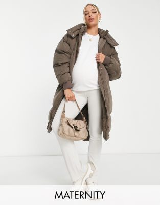 Missguided Maternity puffer midi coat in brown